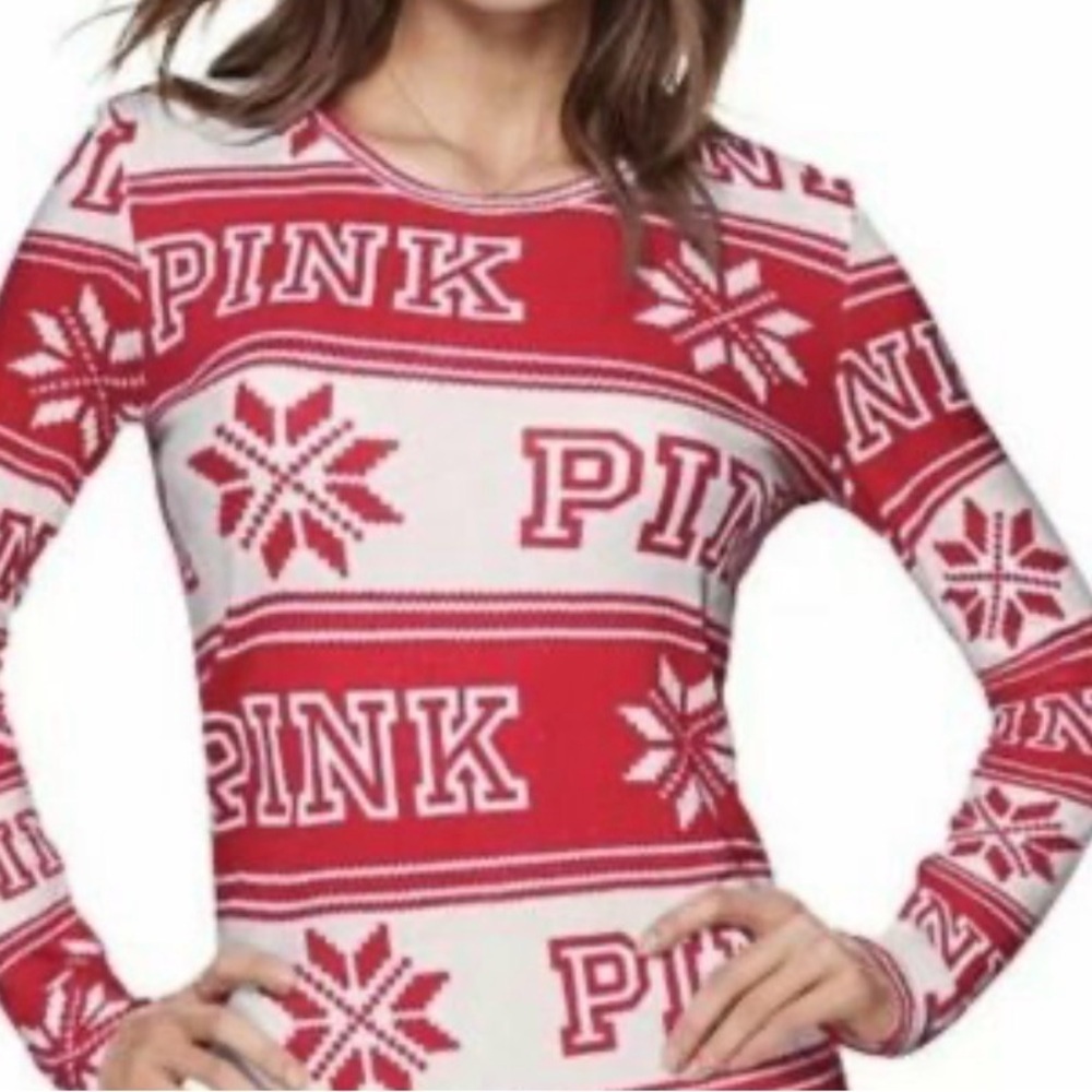 PINK waffle knit thermal sleep shirt with red white snowflake pattern medium